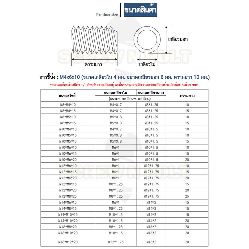 ปลอกสวมเกลียว แปลงเกลียว ปรับขนาดเกลียว ตัวผู้ สแตนเลส 304 เกลียวมิล หยาบ M2.5 M3 M4 M5 M6 / Screw Thread Adapter SUS304