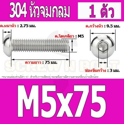 น็อต สกรู หัวจมกลม สแตนเลส 304 เกลียวมิล หยาบ M5 / Button Head Hexagon Socket Machine Screw SUS304 M5