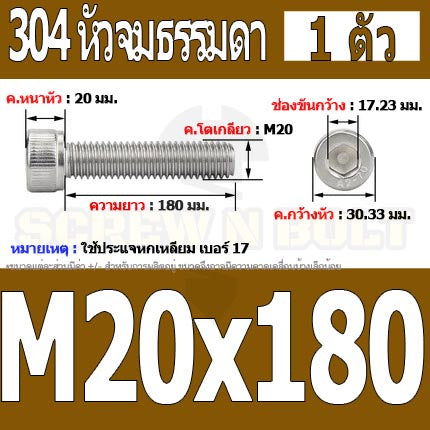 น็อต สกรู หัวจม สแตนเลส 304 เกลียวมิล ตลอด หยาบ M20 / Hex Socket Head Cap Machine Screw SUS304 M20