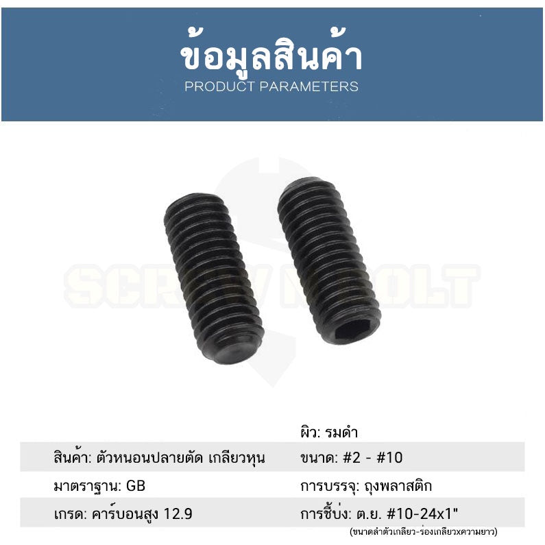 สกรู ตัวหนอน ขัน หกเหลี่ยม ปลายตัด เหล็กแข็ง 12.9 เกลียวหุน #8 #10 / Hex Socket Set Screw Cup Point Gr. 12.9
