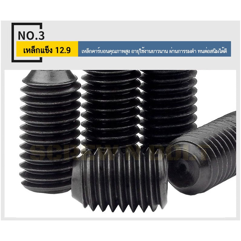 สกรู ตัวหนอน ขัน หกเหลี่ยม ปลายตัด เหล็กแข็ง 12.9 เกลียวหุน #8 #10 / Hex Socket Set Screw Cup Point Gr. 12.9