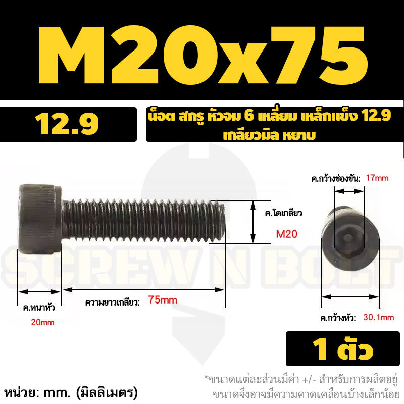 น็อต สกรู หัวจม 6 เหลี่ยม เหล็กแข็ง 12.9 เกลียวมิล หยาบ M16 M18 M20 / Hex Socket Head Cap Machine Screw 12.9 Grade