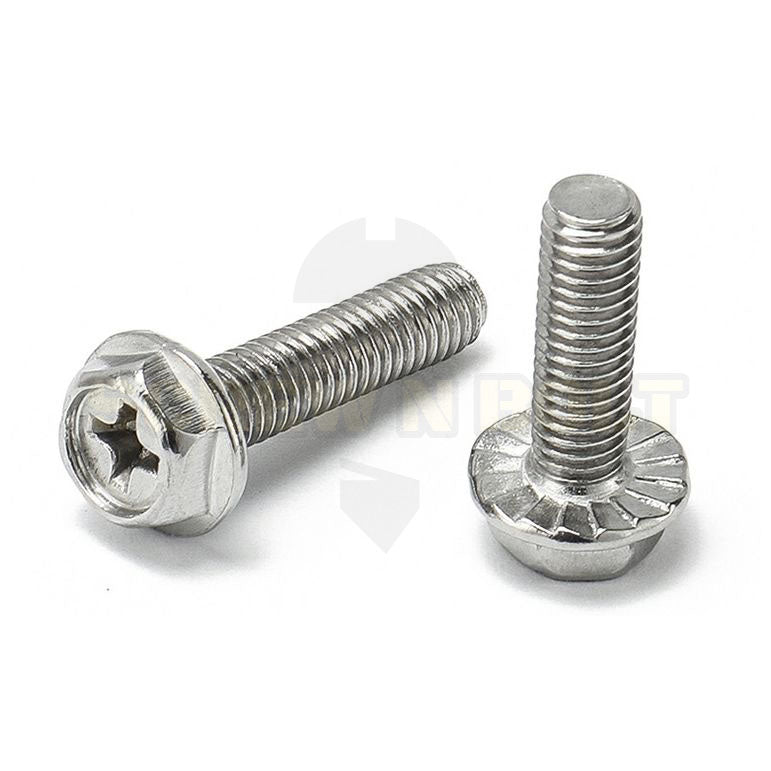 น็อต สกรู หัวหกเหลี่ยม ติดแหวน แฉก สแตนเลส 304 เกลียวมิล หยาบ M3 M4 M5 / Indented Hex Washer Machine Screw SUS304
