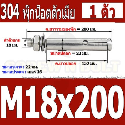 พุ๊ก พุก หัวน๊อต ตัวเมีย สแตนเลส 304 แหวนอีแปะ+สปริง M18 M20 / Sleeve Expansion Anchor Bolt with Nut SUS304 M18 M20