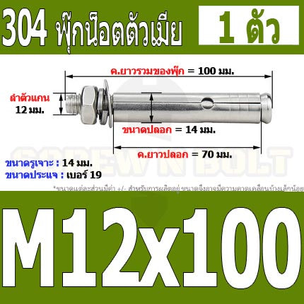 พุ๊ก พุก หัวน๊อต ตัวเมีย สแตนเลส 304 แหวนอีแปะ+สปริง M12 / Sleeve Expansion Anchor Bolt with Nut SUS304 M12