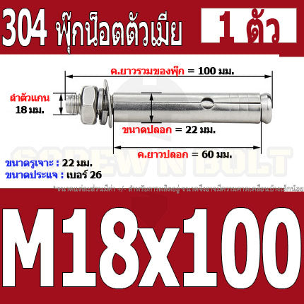 พุ๊ก พุก หัวน๊อต ตัวเมีย สแตนเลส 304 แหวนอีแปะ+สปริง M18 M20 / Sleeve Expansion Anchor Bolt with Nut SUS304 M18 M20
