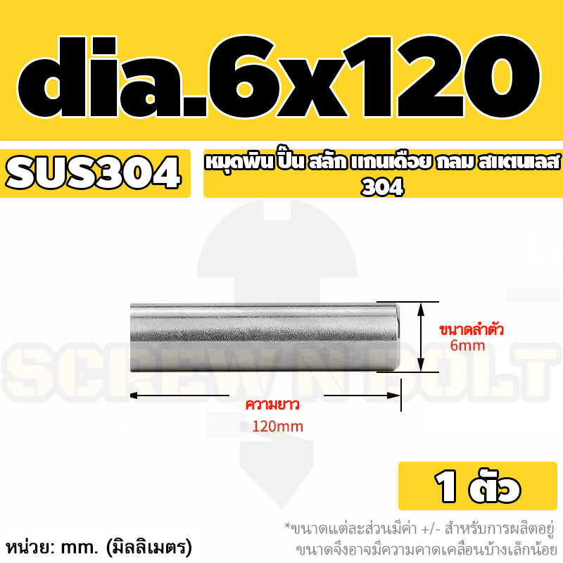 หมุดพิน ปิ๊น สลัก แกนเดือย สแตนเลส 304 กลม dia. 6 mm. / Solid Parallel / Dowel Pins SUS304 dia. 6 mm.