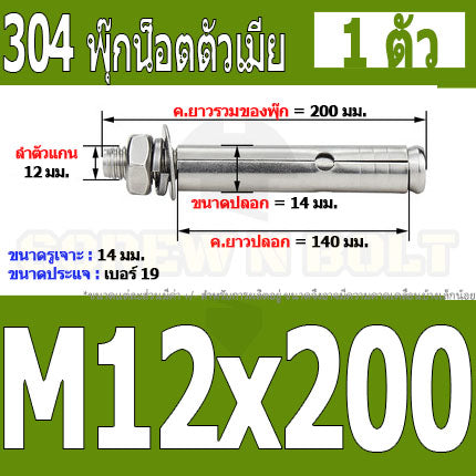 พุ๊ก พุก หัวน๊อต ตัวเมีย สแตนเลส 304 แหวนอีแปะ+สปริง M12 / Sleeve Expansion Anchor Bolt with Nut SUS304 M12