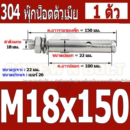 พุ๊ก พุก หัวน๊อต ตัวเมีย สแตนเลส 304 แหวนอีแปะ+สปริง M18 M20 / Sleeve Expansion Anchor Bolt with Nut SUS304 M18 M20