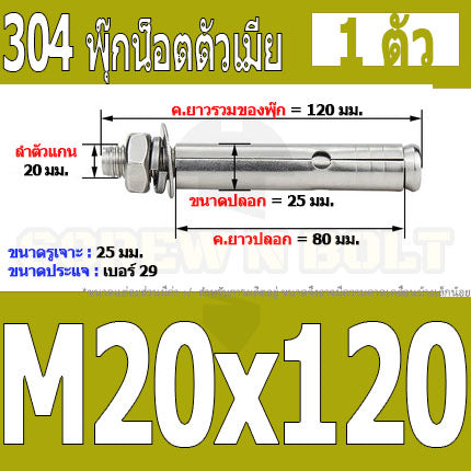 พุ๊ก พุก หัวน๊อต ตัวเมีย สแตนเลส 304 แหวนอีแปะ+สปริง M18 M20 / Sleeve Expansion Anchor Bolt with Nut SUS304 M18 M20