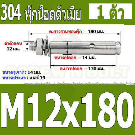 พุ๊ก พุก หัวน๊อต ตัวเมีย สแตนเลส 304 แหวนอีแปะ+สปริง M12 / Sleeve Expansion Anchor Bolt with Nut SUS304 M12