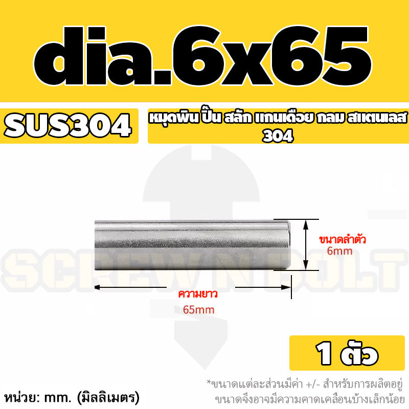 หมุดพิน ปิ๊น สลัก แกนเดือย สแตนเลส 304 กลม dia. 6 mm. / Solid Parallel / Dowel Pins SUS304 dia. 6 mm.