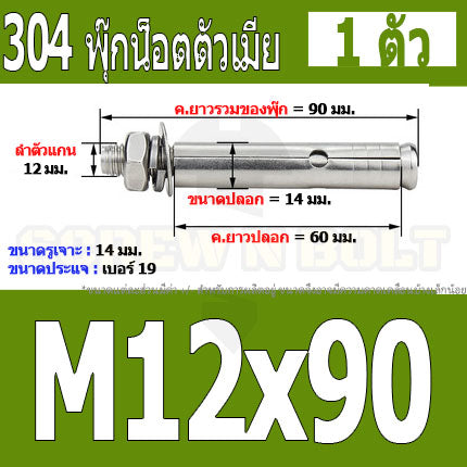 พุ๊ก พุก หัวน๊อต ตัวเมีย สแตนเลส 304 แหวนอีแปะ+สปริง M12 / Sleeve Expansion Anchor Bolt with Nut SUS304 M12