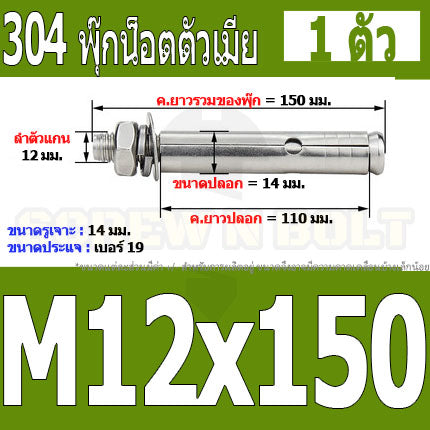 พุ๊ก พุก หัวน๊อต ตัวเมีย สแตนเลส 304 แหวนอีแปะ+สปริง M12 / Sleeve Expansion Anchor Bolt with Nut SUS304 M12