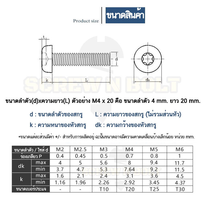 น็อต สกรู หัวกลม P ช่องขัน ดาว ท็อกซ์ สแตนเลส 304 เกลียวมิล M2 M2.5 M3 / Pan Head Torx Machine Screw SUS304