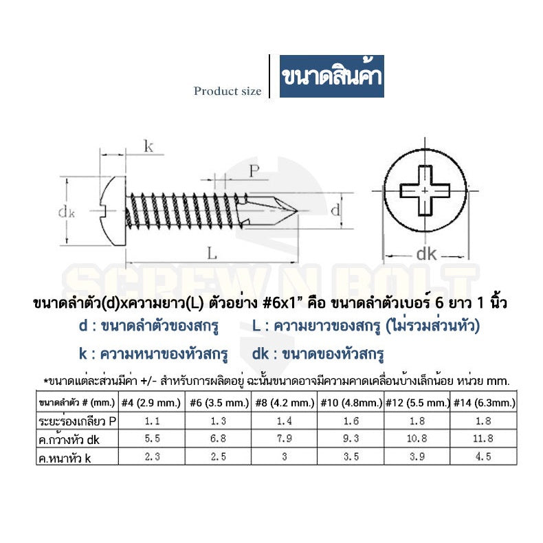 น็อต สกรู หัวกลม หัวแพน แฉก สแตนเลส 410 ปลายสว่าน #8 #10 #12 / Pan Head Phillip Self Drilling Screw SUS410 #8 #10 #12