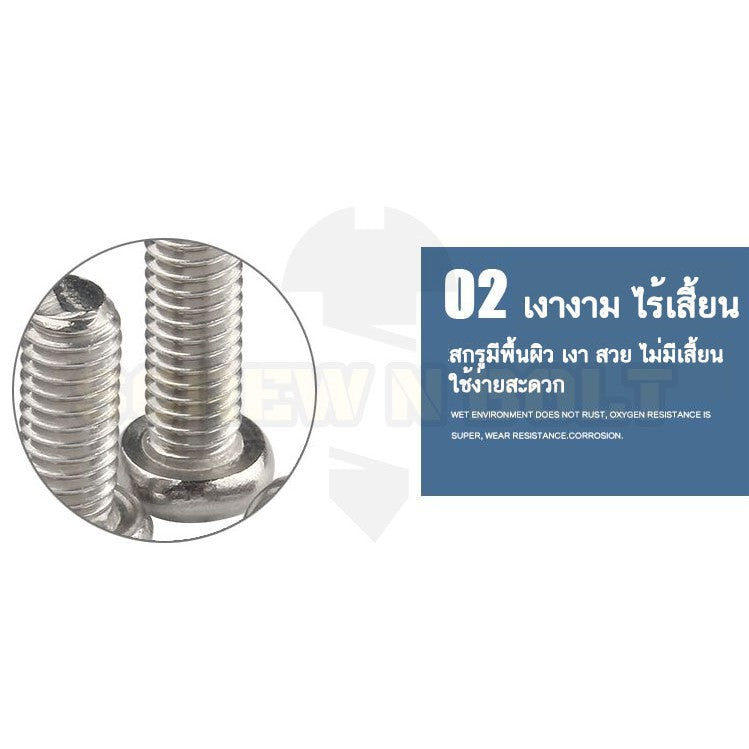 น็อต สกรู หัวกลม หัวแพน แฉก P+ สแตนเลส 304 เกลียวมิล หยาบ M10 / Pan Head Phillip Machine Screw SUS304 M10