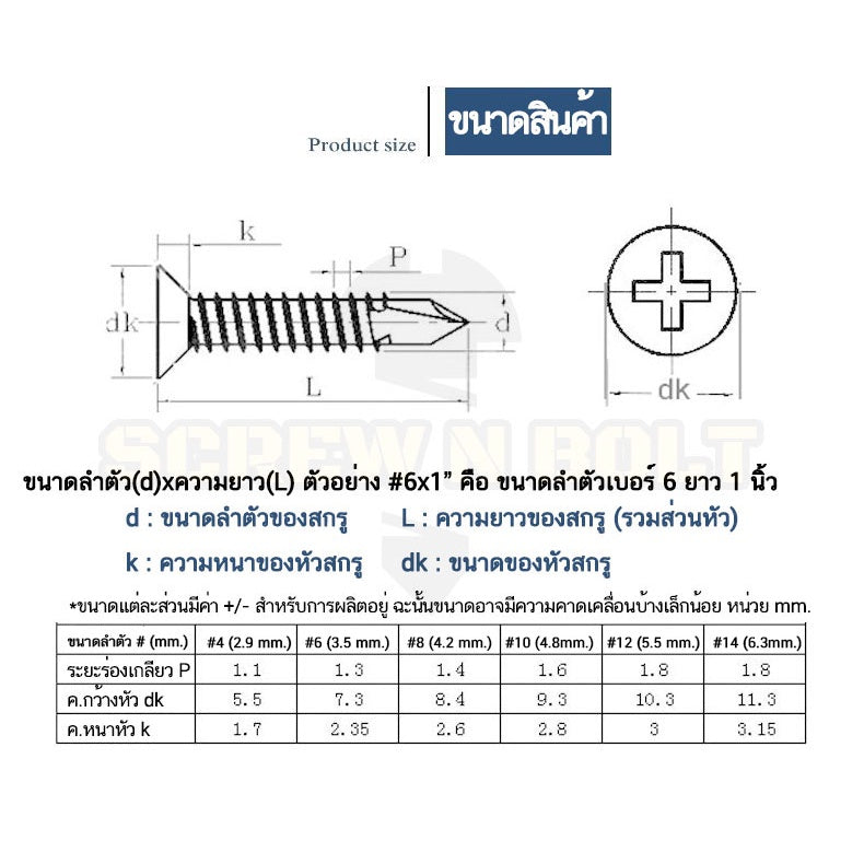 น็อต สกรู หัวเตเปอร์ แฉก F+ สแตนเลส 410 ปลายสว่าน #6 #7 #8 / Flat Head Phillip Self Drilling Screw SUS410 #6 #7 #8