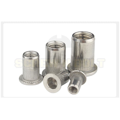 รีเวทนัท ขอบเรียบ สำหรับแผ่นบอร์ด สแตนเลส 304 เกลียวมิล หยาบ M3 M4 M5 M6 M8 M10 M12 / Flat Head Rivet Nut, SUS304
