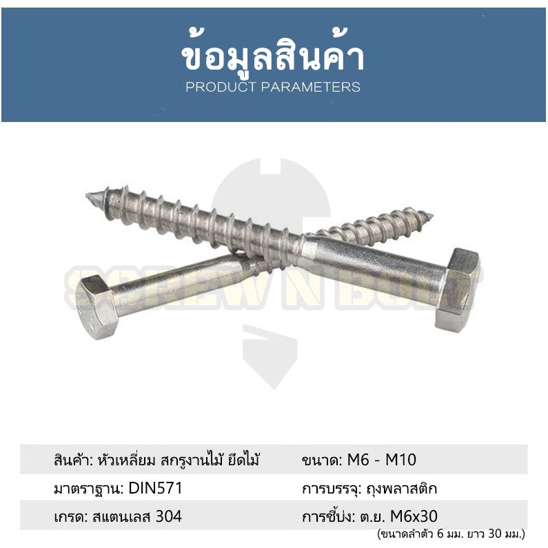 น็อต สกรู หัวเหลี่ยม สกรูงานไม้ ยึดไม้ สแตนเลส 304 เกลียวปล่อย ขันไม้ M6 M8 M10 / Hex Head Wood / Lag Screw