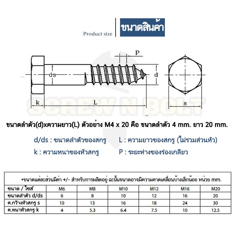 น็อต สกรู หัวเหลี่ยม สกรูงานไม้ ยึดไม้ สแตนเลส 304 เกลียวปล่อย ขันไม้ M6 M8 M10 / Hex Head Wood / Lag Screw