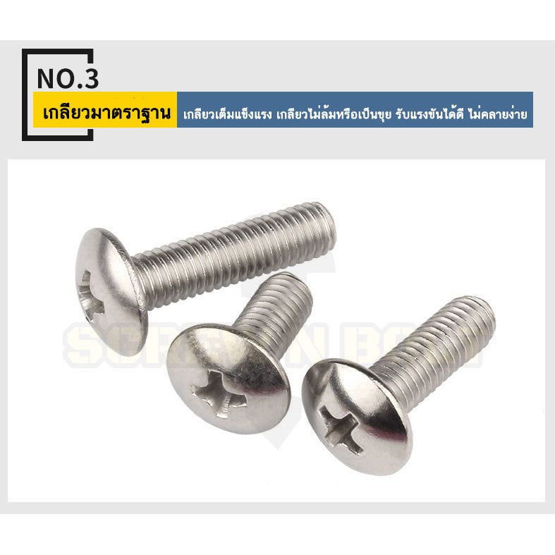 น็อต สกรู หัวร่ม หัวกระทะ แฉก T+ สแตนเลส 304 เกลียวมิล หยาบ M5 / Truss Head Phillip Machine Screw SUS304 M5