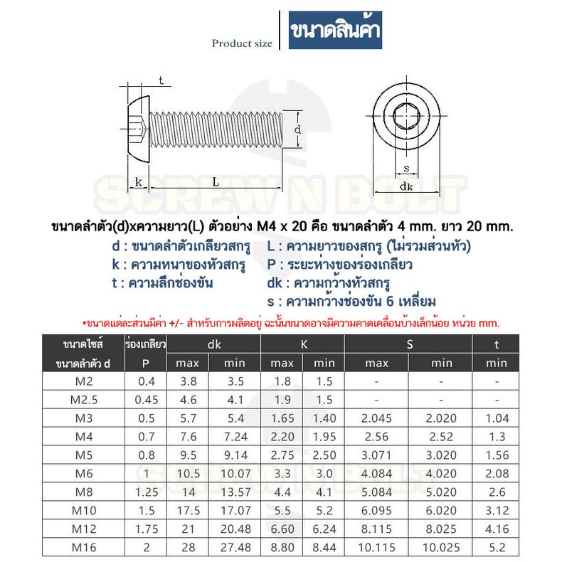 น็อต สกรู หัวจมกลม 6 เหลี่ยม เหล็กแข็ง 10.9 เกลียวมิล หยาบ M8 M10 M12 / Button Head Hex Socket Machine Screw Grade 10.9