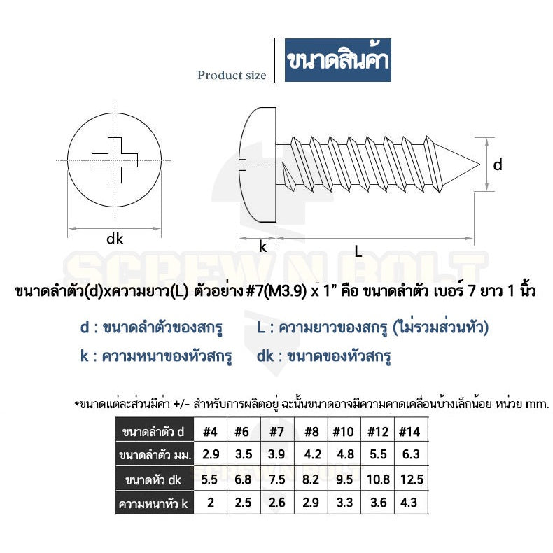 น็อต สกรู หัวกลม หัวแพน แฉก P+ สแตนเลส 304 เกลียวปล่อย ปลายแหลม #6 / Pan Head Phillip Tapping Screw SUS304 #6