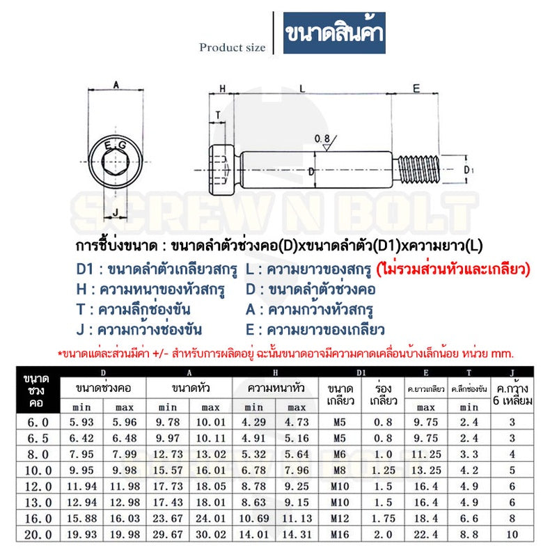 น็อต สกรู โชว์เดอร์ โบลท์ จม เหล็กแข็ง 12.9 เกลียวมิล หยาบ M5 M6 / Shoulder Screw/Bolt Hex Socket Machine Grade 12.9