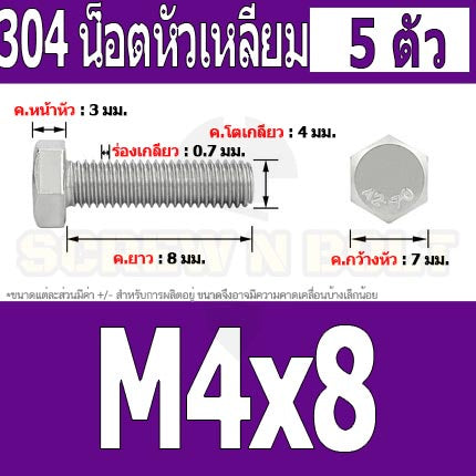 น็อต สกรู หัว 6 เหลี่ยม โบลท์ สแตนเลส 304 เกลียวมิล ตลอด หยาบ M4 / Hexagon Head Screw/Bolt Full Thread SUS304 M4