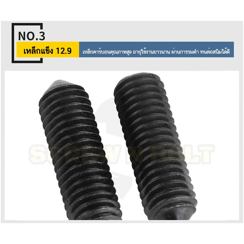 สกรู ตัวหนอน ขัน หกเหลี่ยม ปลายแหลม เหล็กแข็ง 12.9 เกลียวมิล หยาบ M10 M12 / Hex Socket Set Screw Cone Point Gr. 12.9