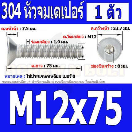 น็อต สกรู หัวจม เตเปอร์ สแตนเลส 304 เกลียวมิล หยาบ M12 / Flat Head Hexagon Socket Machine Screw SUS304 M12