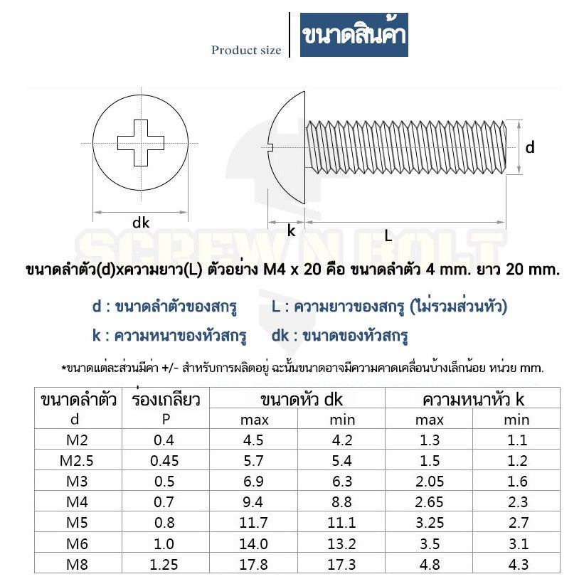 น็อต สกรู หัวร่ม หัวกระทะ แฉก T+ สแตนเลส 304 เกลียวมิล หยาบ M5 / Truss Head Phillip Machine Screw SUS304 M5