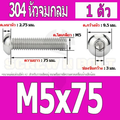 น็อต สกรู หัวจมกลม สแตนเลส 304 เกลียวมิล หยาบ M5 / Button Head Hexagon Socket Machine Screw SUS304 M5