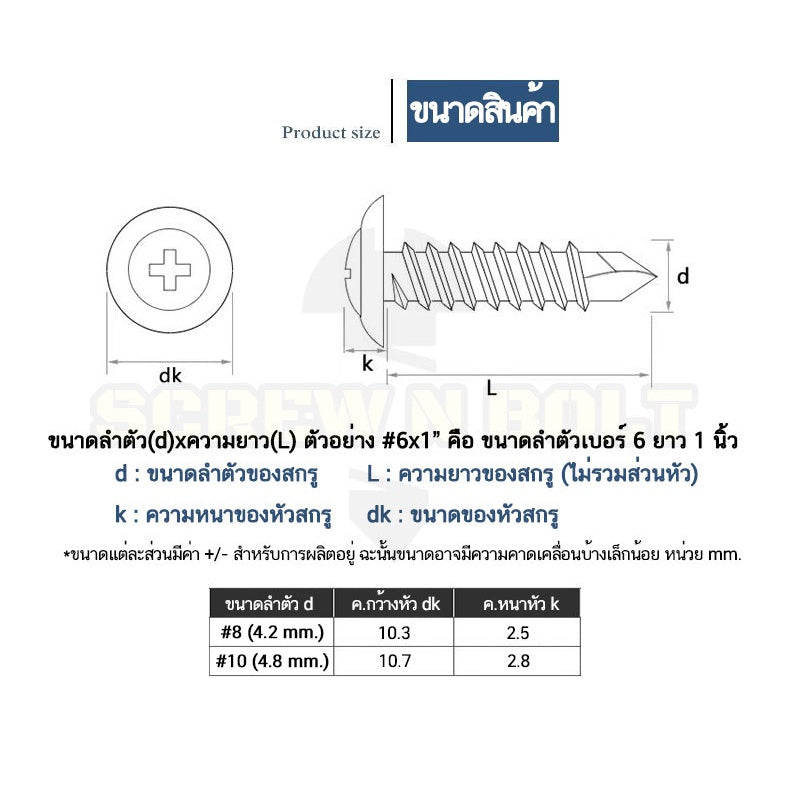 น็อต สกรู หัวกลมแบน แฉก สแตนเลส 410 ปลายสว่าน #8 #10 / Wafer Head Phillip Self Drilling Screw SUS410 #8 #10