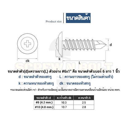 น็อต สกรู หัวกลมแบน แฉก สแตนเลส 410 ปลายสว่าน #8 #10 / Wafer Head Phillip Self Drilling Screw SUS410 #8 #10