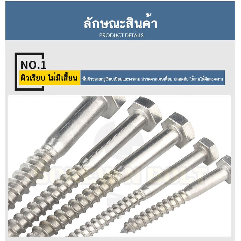 น็อต สกรู หัวเหลี่ยม สกรูงานไม้ ยึดไม้ สแตนเลส 304 เกลียวปล่อย ขันไม้ M6 M8 M10 / Hex Head Wood / Lag Screw