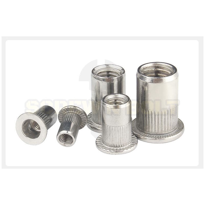 รีเวทนัท ขอบเรียบ สำหรับแผ่นบอร์ด สแตนเลส 304 เกลียวมิล หยาบ M3 M4 M5 M6 M8 M10 M12 / Flat Head Rivet Nut, SUS304