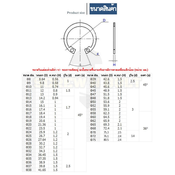 แหวนล็อค ใน ตัว C สแตนเลส 304  dia. 15 16 17 18 19 20 22 / Internal Retaining Snap Ring SUS304 dia. 15 16 17 18 19 20 22