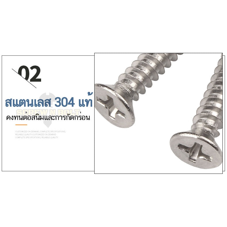 น็อต สกรู หัวเตเปอร์ หัวเรียบ แฉก F+ สแตนเลส 304 เกลียวปล่อย ปลายแหลม #8 / Flat Head Phillip Tapping Screw SUS304 #8