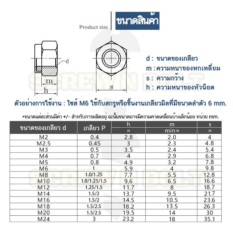 หัวน็อต ตัวเมีย ล็อค ไนลอน สแตนเลส 304 เกลียวมิล หยาบ M4 M5 M6 / Hexagon Nylon Insert Lock Nut SUS304 M4 M5 M6