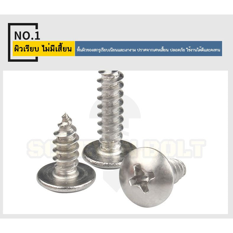 น็อต สกรู หัวร่ม หัวกระทะ แฉก T+ สแตนเลส 304 เกลียวปล่อย M6 / Truss an Head Phillip Tapping Screw SUS304 M6