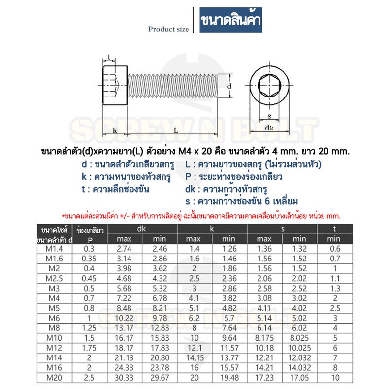 น็อต สกรู หัวจม 6 เหลี่ยม เหล็กแข็ง 12.9 เกลียวมิล หยาบ M16 M18 M20 / Hex Socket Head Cap Machine Screw 12.9 Grade