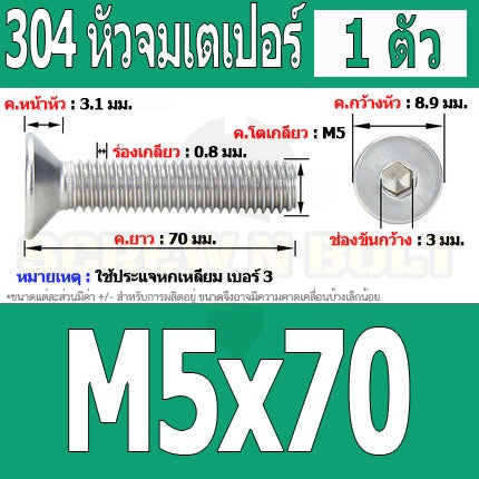 น็อต สกรู หัวจม เตเปอร์ สแตนเลส 304 เกลียวมิล หยาบ M5 / Flat Head Hexagon Socket Machine Screw SUS304 M5