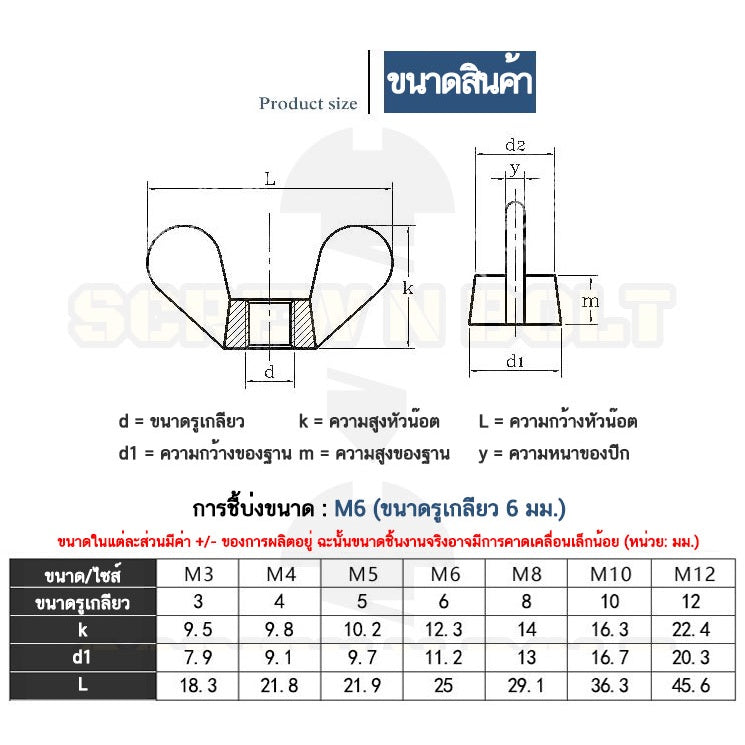 หัวน็อต ตัวเมีย หางปลา ปีก สี่เหลี่ยม สแตนเลส 304 เกลียวมิล หยาบ M3 M4 M5 / Wing Nut Rectangular SUS304 DIN315 M3 M4 M5