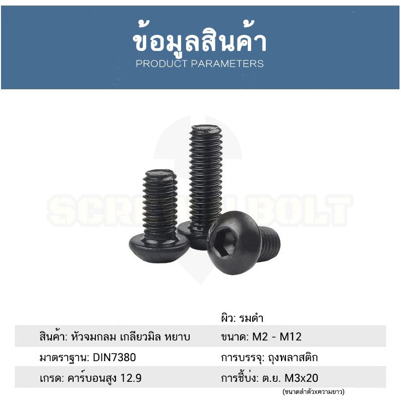 น็อต สกรู หัวจมกลม 6 เหลี่ยม เหล็กแข็ง 12.9 เกลียวมิล หยาบ M8 M10 M12 / Button Head Hex Socket Machine Screw Grade 12.9
