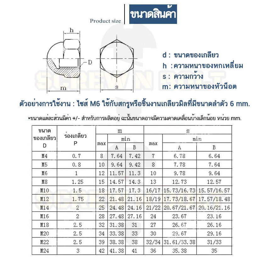 หัวน็อต ตัวเมีย หมวก สแตนเลส 304 เกลียวมิล หยาบ M18 M20 M22 M24 / Hexagon Domed Cap Nut SUS304 M18 M20 M22 M24