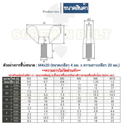 น็อต สกรู หางปลา ปีก สี่เหลี่ยม สแตนเลส 304 เกลียวมิล หยาบ M8 / Wing Screw Rectangular SUS304 DIN316 M8