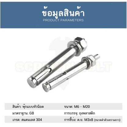 พุ๊ก พุก หัวน๊อต ตัวเมีย สแตนเลส 304 แหวนอีแปะ+สปริง M14 M16 / Sleeve Expansion Anchor Bolt with Nut SUS304 M14 M16
