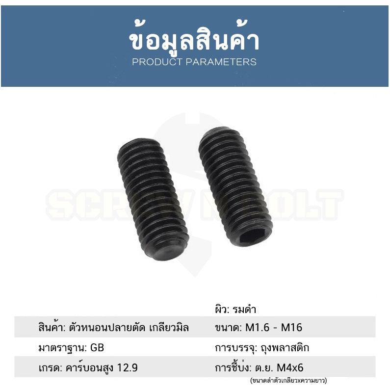 สกรู ตัวหนอน ขัน หกเหลี่ยม ปลายตัด เหล็กแข็ง 12.9 เกลียวมิล หยาบ M12 M14 M16 / Hex Socket Set Screw Cup Point Gr. 12.9